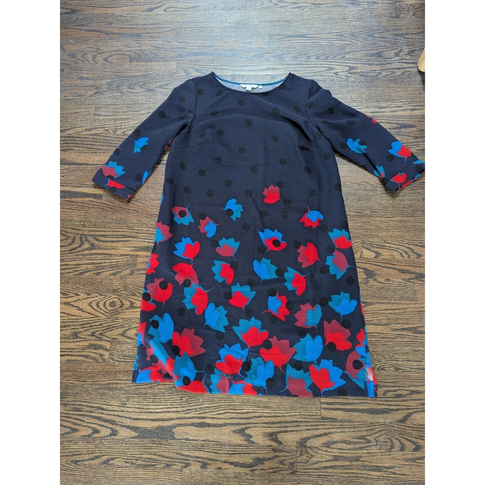 Boden Rachel Floral Polka Dot Textured Shift Dress Blue Red 3/4 Sleeve Size 12 L